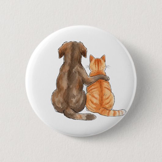 犬と猫の友情 水彩画 缶バッジ (正面)