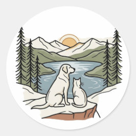 犬と猫の山湖の夕焼け ラウンドシール
