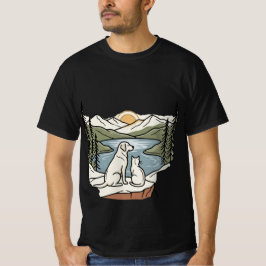犬と猫の山湖の夕焼け Tシャツ
