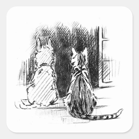 犬と猫の窓を見て、ペット悔やみや弔慰 スクエアシール (正面)