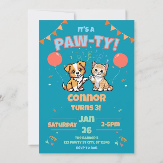 犬と猫の誕生日パーティー 招待状 (正面)