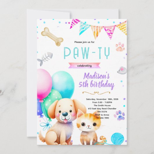 犬と猫の誕生日招待状 招待状 (正面)