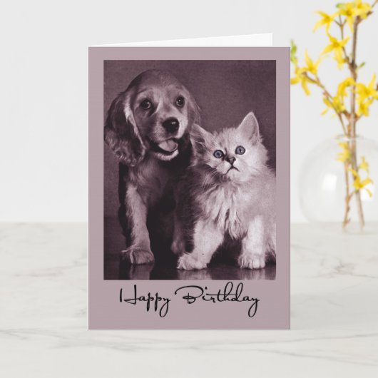 犬と猫の誕生日 カード (黄色い花)