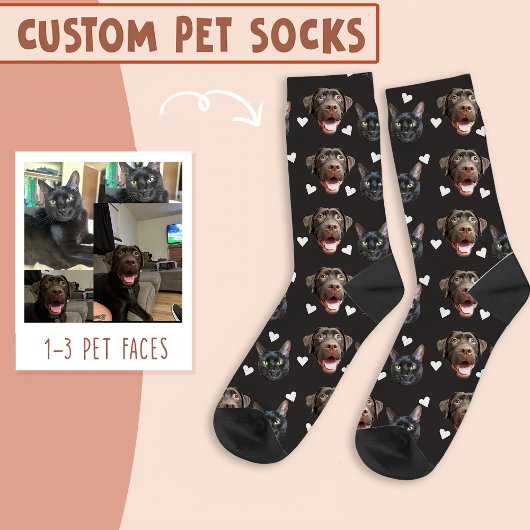 犬と猫の顔パーソナライズされた、ハートが黒 ソックス