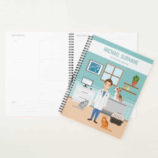 犬と猫を連れた獣医院の部屋の獣医 プランナー手帳 (ディスプレー)