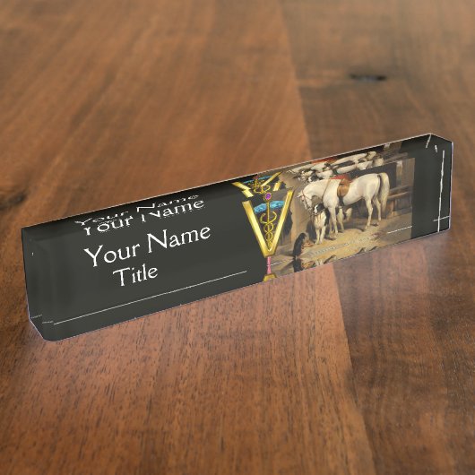 犬と白い馬/ CADUCEUS獣医学のシンボル デスクネームプレート (側面)