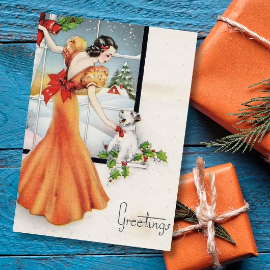 犬と窓のヴィンテージクリスマスガール シーズンカード