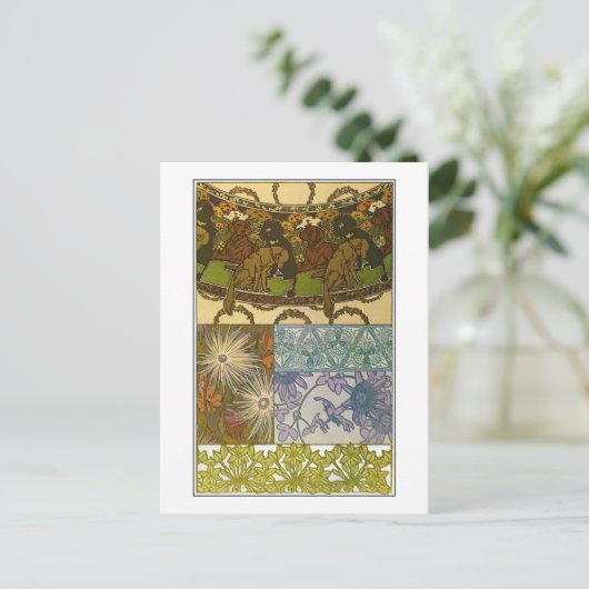 犬と花のアールヌーボースタイルミュシャ ポストカード (スタンド正面)