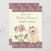 犬と花の誕生日招待状のための女の子 招待状 (正面/裏面)