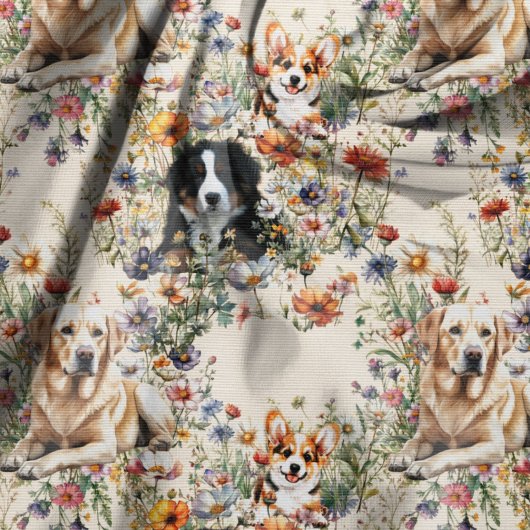 犬と野の花のシームレスなリピートパターン ファブリック