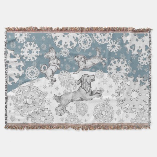 犬と雪の結晶ブルーホワイト冬のおもしろいクリスマス スローブランケット (正面)