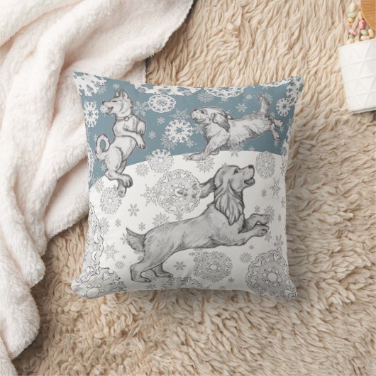 犬と雪片ペット青い白い冬のクリスマス クッション (ブランケット)