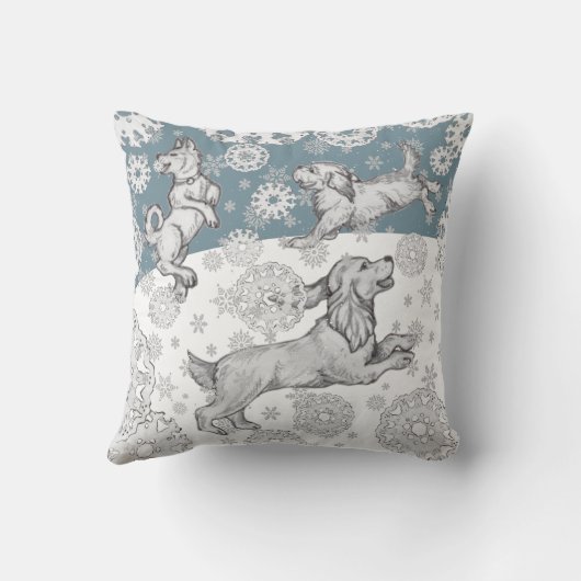 犬と雪片ペット青い白い冬のクリスマス クッション (裏面)