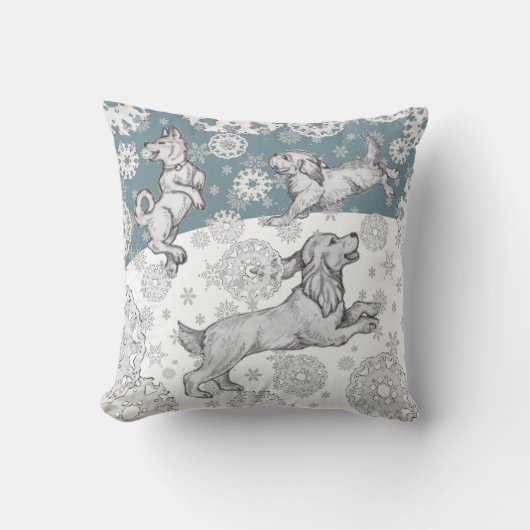 犬と雪片ペット青い白い冬のクリスマス クッション (正面)