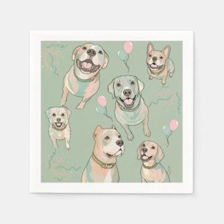 犬と風船のカクテル用ナプキン セージグリーン スタンダードカクテルナプキン