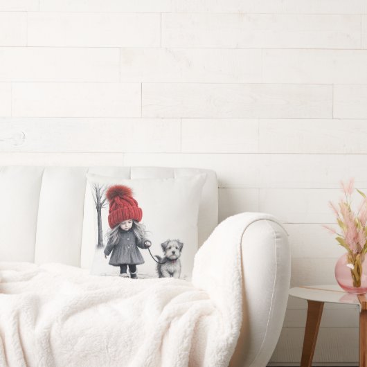 犬と3Dニット帽をかぶった少女 クッション (ソファ)