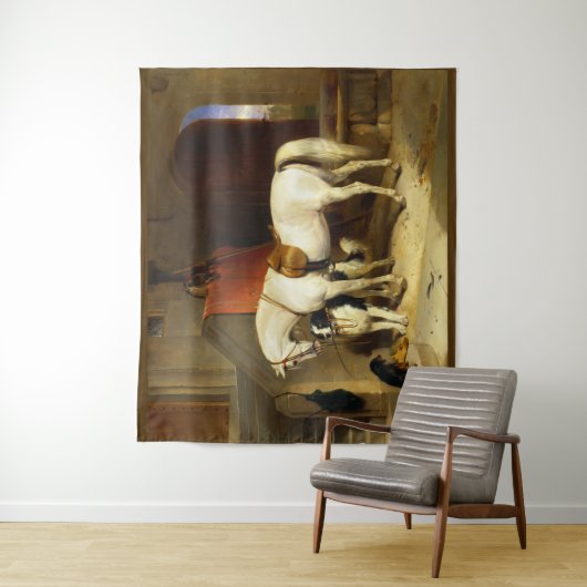 犬と《鳥》ハヤブサを安定させた白馬 タペストリー (インサイチュ)