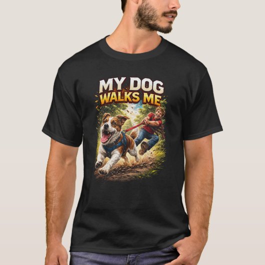 犬に散歩をさせられる Tシャツ (正面)
