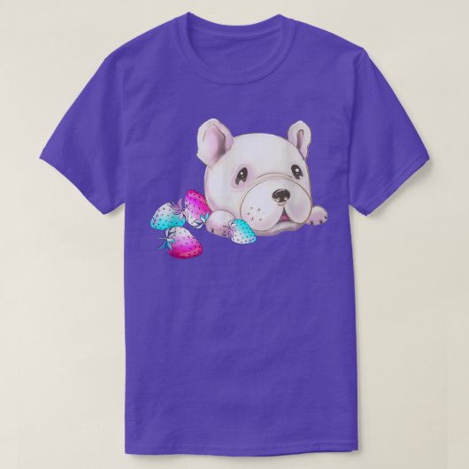 犬のかわいい白フランスのくて可愛くてイチゴ Tシャツ (デザイン正面)