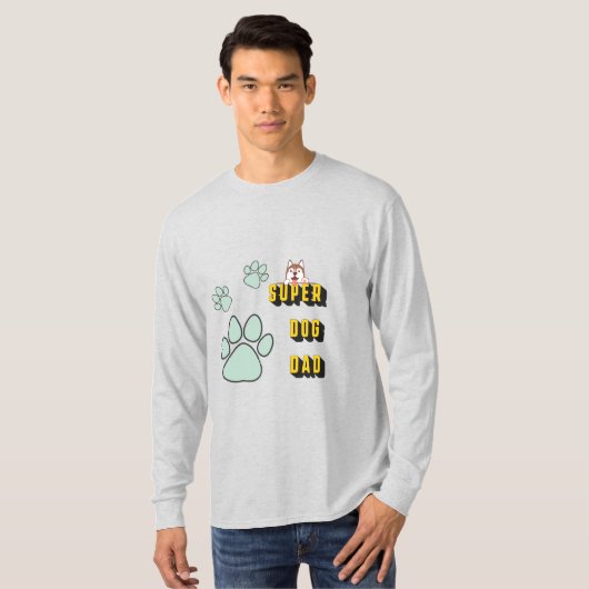 犬のすごいパパメンおもしろいズ薄い灰色の長い袖 Tシャツ (正面フル)