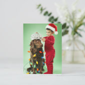 犬のまわりでクリスマスの照明を包んでいる若い男の子 シーズンポストカード (スタンド正面)