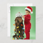 犬のまわりでクリスマスの照明を包んでいる若い男の子 シーズンポストカード (正面/裏面)