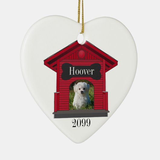 犬のアップロードフォトドッグハウスと骨のハートクリスマス セラミックオーナメント (右)