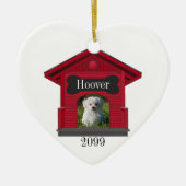 犬のアップロードフォトドッグハウスと骨のハートクリスマス セラミックオーナメント (正面)