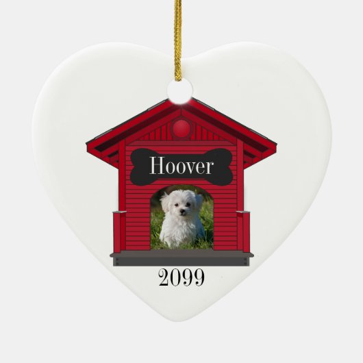 犬のアップロードフォトドッグハウスと骨のハートクリスマス セラミックオーナメント (裏面)