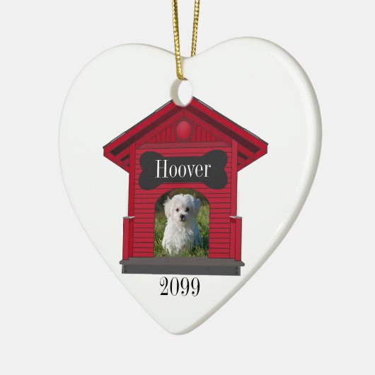 犬のアップロードフォトドッグハウスと骨のハートクリスマス セラミックオーナメント (左)