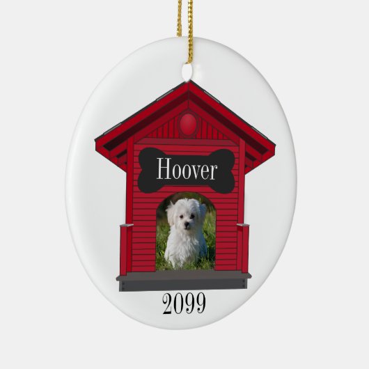 犬のアップロード写真ドッグハウスとボーンクリスマス セラミックオーナメント (右)