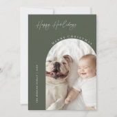 犬のアーチ写真クリスマスハッピーハウリデイズグリーン シーズンカード (正面)