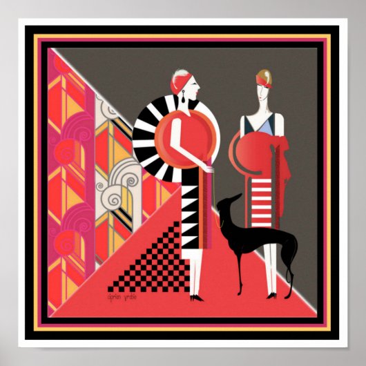 犬のアールデコポスター付き2つの女性12 x 12 ポスター (正面)