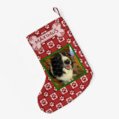 犬のカスタムな写真の名前|の赤い足のプリントのギンガムの骨 スモールクリスマスストッキング (裏面 (吊り時))