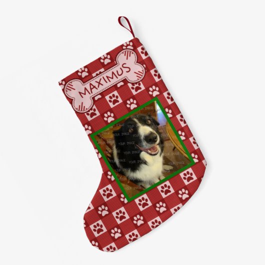 犬のカスタムな写真の名前|の赤い足のプリントのギンガムの骨 スモールクリスマスストッキング (裏面 (吊り時))