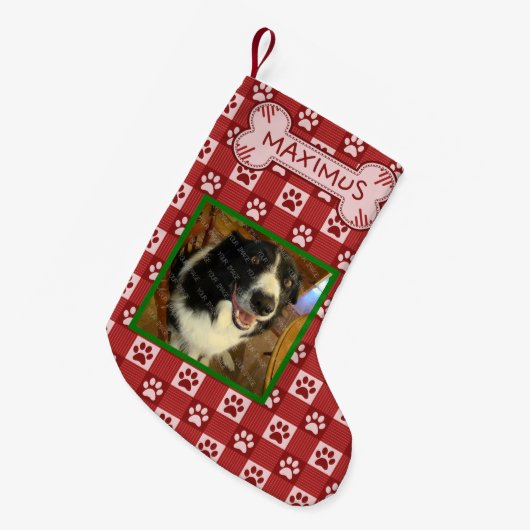 犬のカスタムな写真の名前|の赤い足のプリントのギンガムの骨 スモールクリスマスストッキング (正面 (吊り時))
