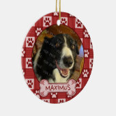 犬のカスタムな写真の名前|の赤い足のプリントのギンガムの骨 セラミックオーナメント (右)