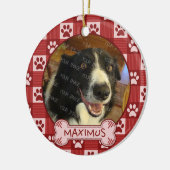 犬のカスタムな写真の名前|の赤い足のプリントのギンガムの骨 セラミックオーナメント (左)