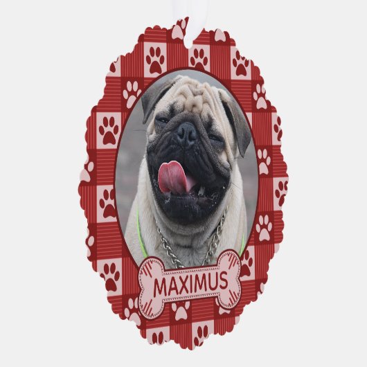 犬のカスタム写真と名前Red Paw Print Gingham オーナメントカード (右)