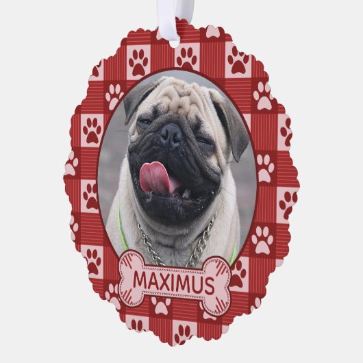 犬のカスタム写真と名前Red Paw Print Gingham オーナメントカード (左)