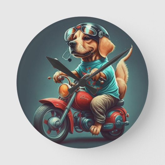 犬のカッコいいバイクもしくは自転車に乗る人、かわいい犬の壁時計 ラウンド壁時計 (正面)