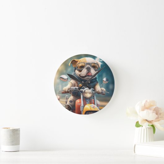 犬のカッコいいバイクもしくは自転車に乗る人、かわいい犬の壁時計 ラウンド壁時計 (ホーム)