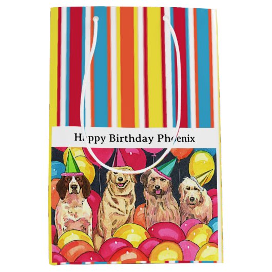 犬のカラフルパーティーストライプパーソナライズされた ミディアムペーパーバッグ (正面)