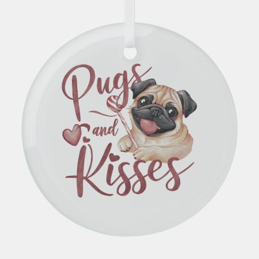 犬のキス.Pugs & Kisses水色ティー ガラスオーナメント (正面)