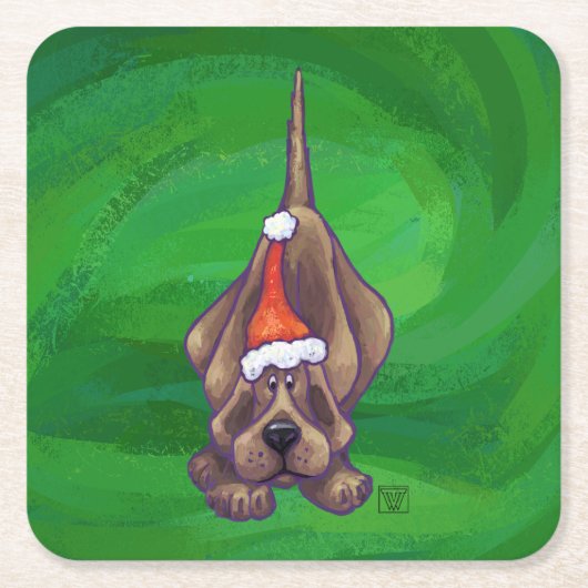 犬のクリスマスをグリーンで鳴らす スクエアペーパーコースター (正面)