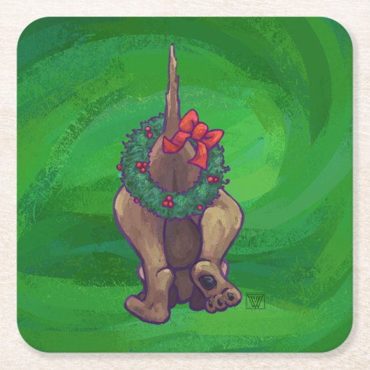 犬のクリスマスをグリーンで鳴らす スクエアペーパーコースター (正面)