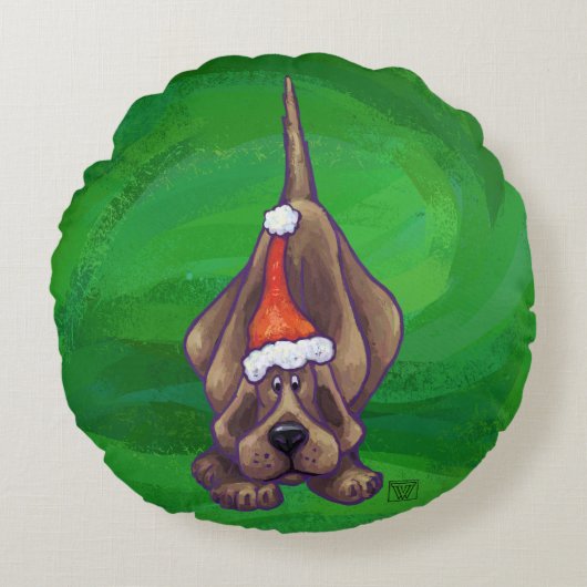犬のクリスマスをグリーンで鳴らす ラウンドクッション (正面)
