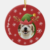 犬のクリスマスフォトと小妖精や小人トナカイのアントラー帽子 セラミックオーナメント (正面)