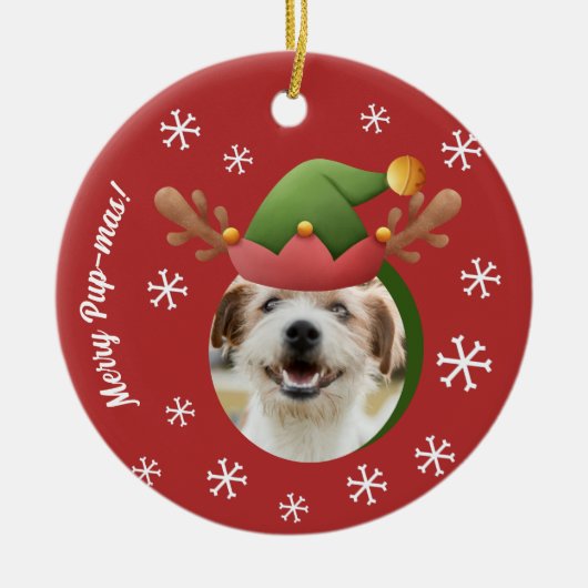 犬のクリスマスフォトと小妖精や小人トナカイのアントラー帽子 セラミックオーナメント (正面)