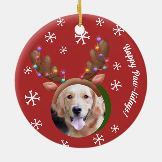 犬のクリスマスフォトと小妖精や小人トナカイのアントラー帽子 セラミックオーナメント (裏面)